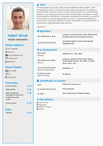 Maden Mühendisi Cv Örnekleri cv indir